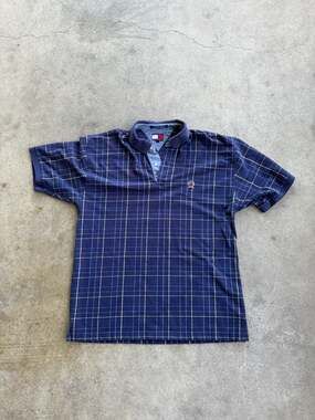 Vintage 90s Tommy Hilfiger Navy Windowpane Plaid Crest Polo Shirt Size Large